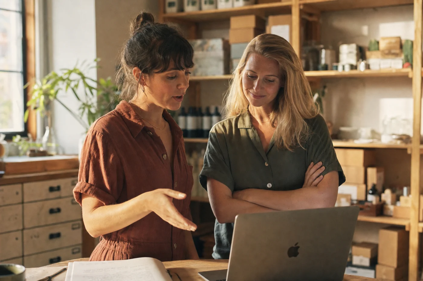 Two colleagues in a small independent business looking at a laptop together, one explaining something to the other.