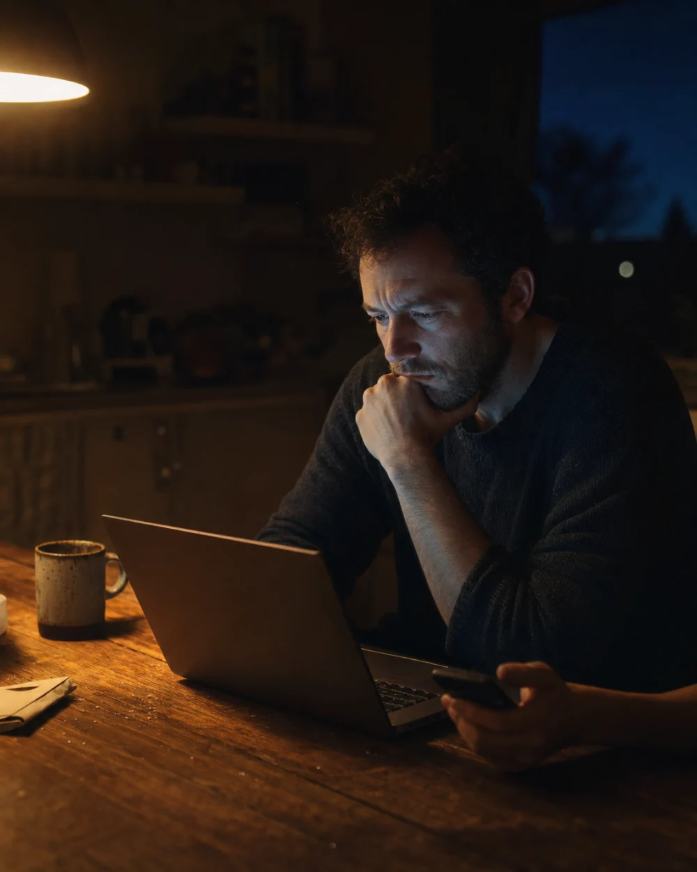 A man at his kitchen table late in the evening, laptop open and phone in hand, reading a screen with an unconvinced expression.