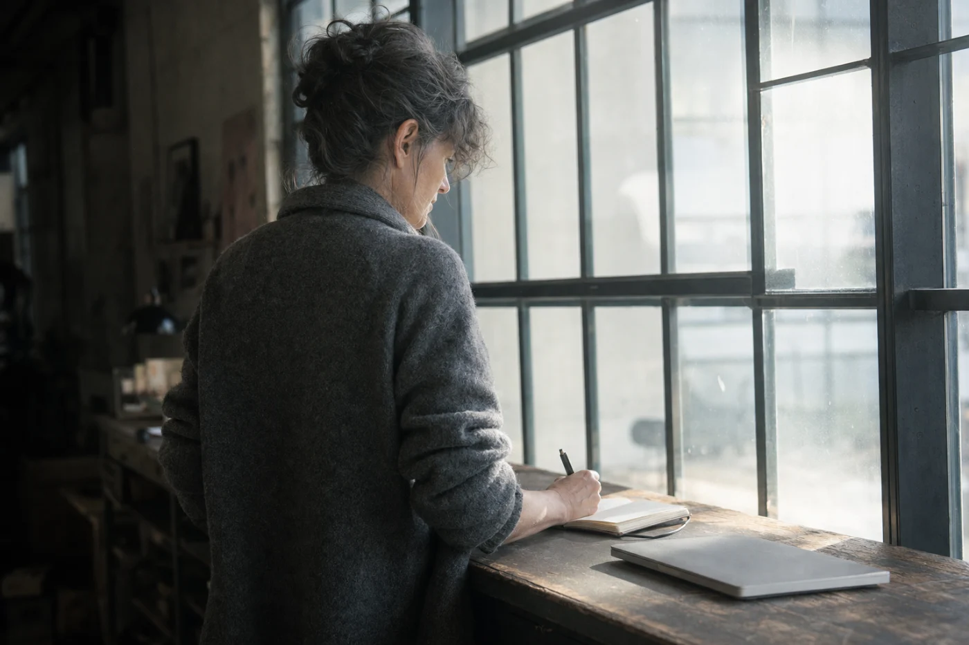 A woman writing in a notebook at a tall desk against a large industrial window, morning light flooding past her.