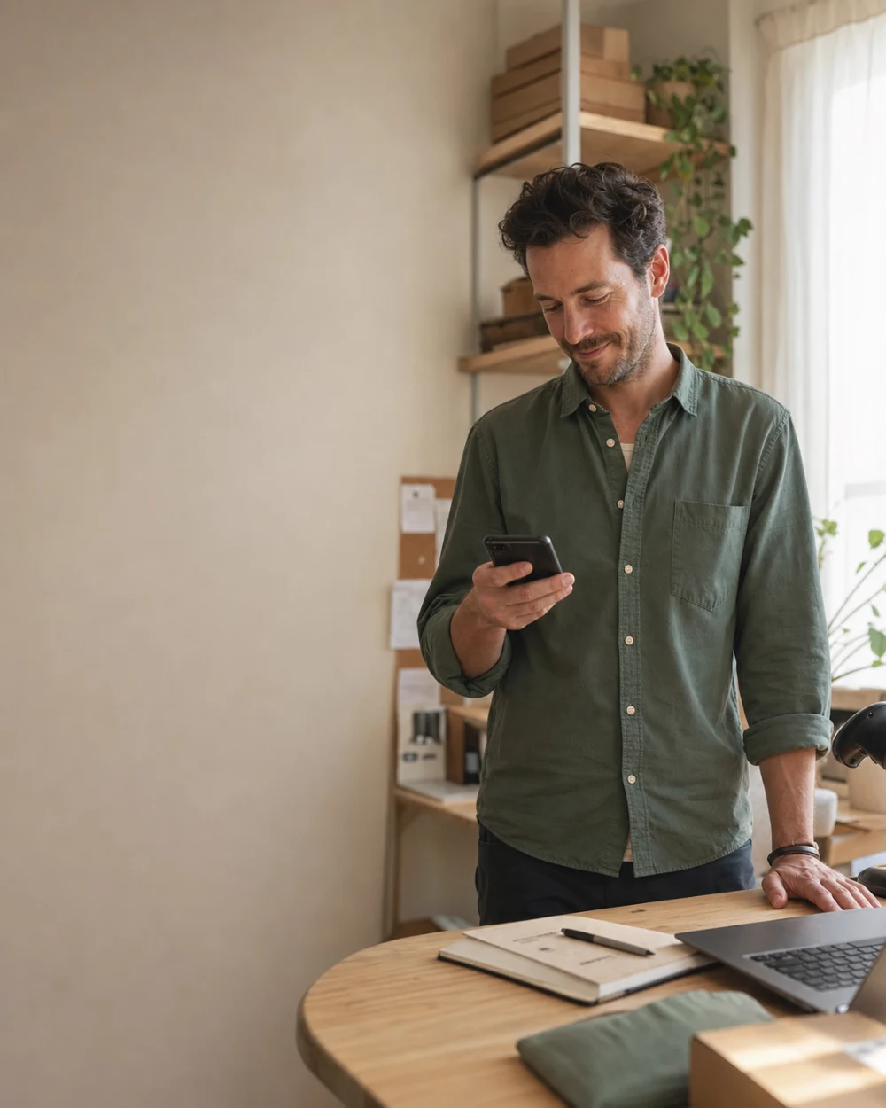 A small-business owner standing at his worktable, reading a message on his phone with a pleased expression.