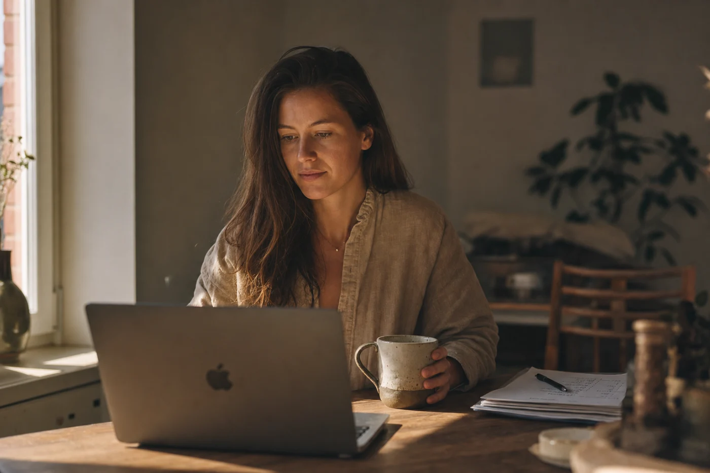 Someone reading their laptop at a kitchen table in early morning light.