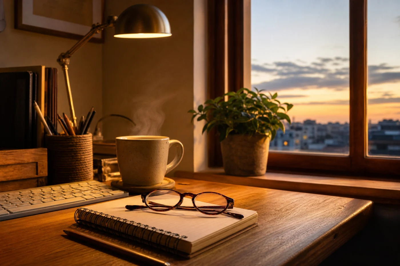 A desk at night lit only by an off-screen monitor: keyboard, notepad, folded reading glasses and a last inch of tea.