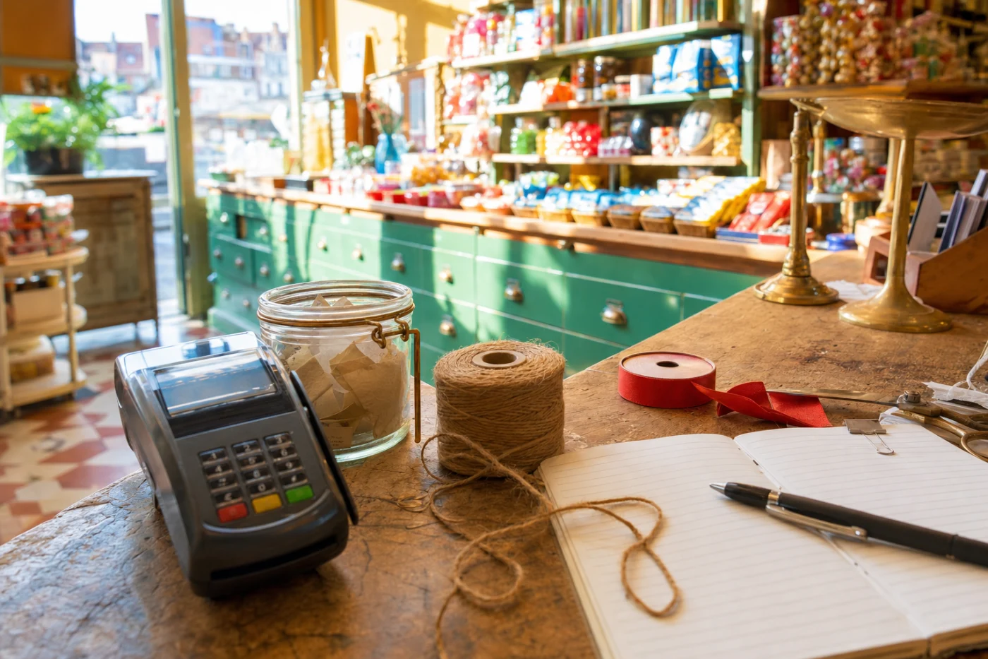 The counter of a small family-run shop after closing, warm bulb light meeting cold blue daylight from the shopfront.