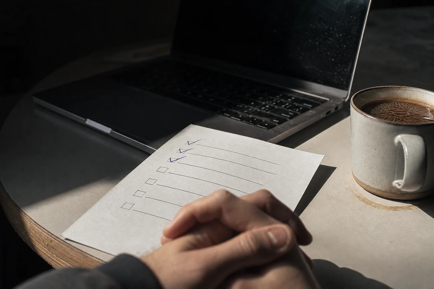 A half-open laptop, a setup checklist with the first three items ticked and the rest untouched, and a coffee gone cold beside it.