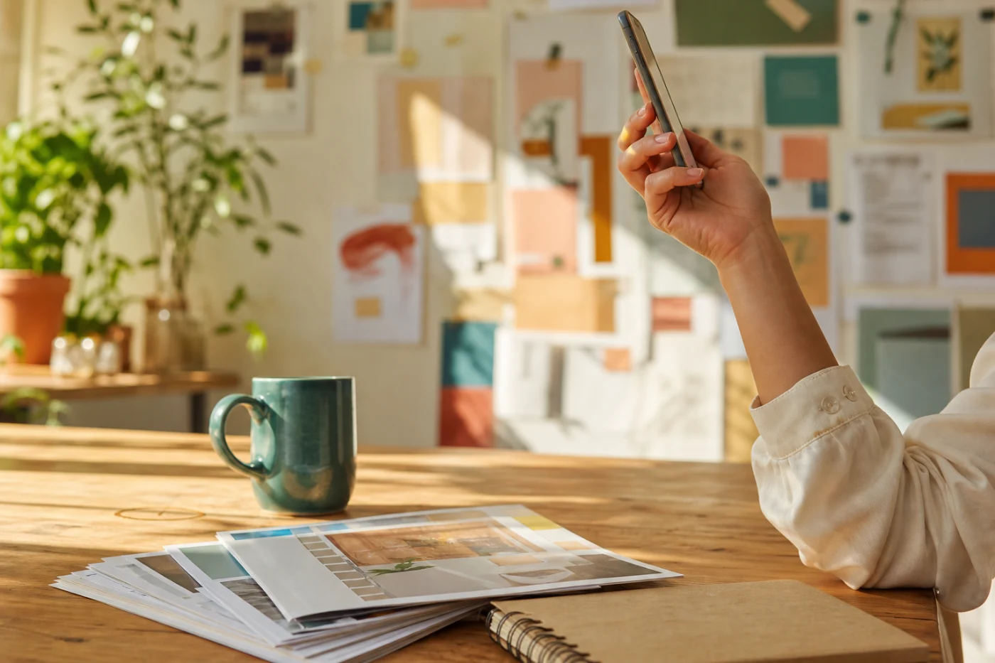 An agency owner on the phone at the edge of a studio table, sunlit pinned work behind her.