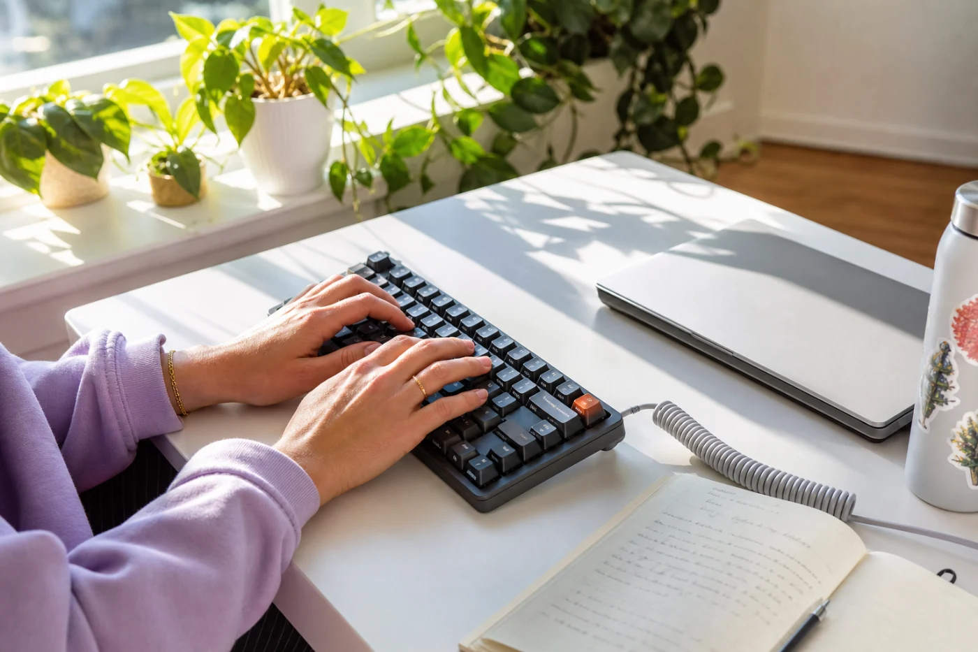 Hands at a mechanical keyboard on a sunlit desk, a closed laptop and an open notebook beside them.