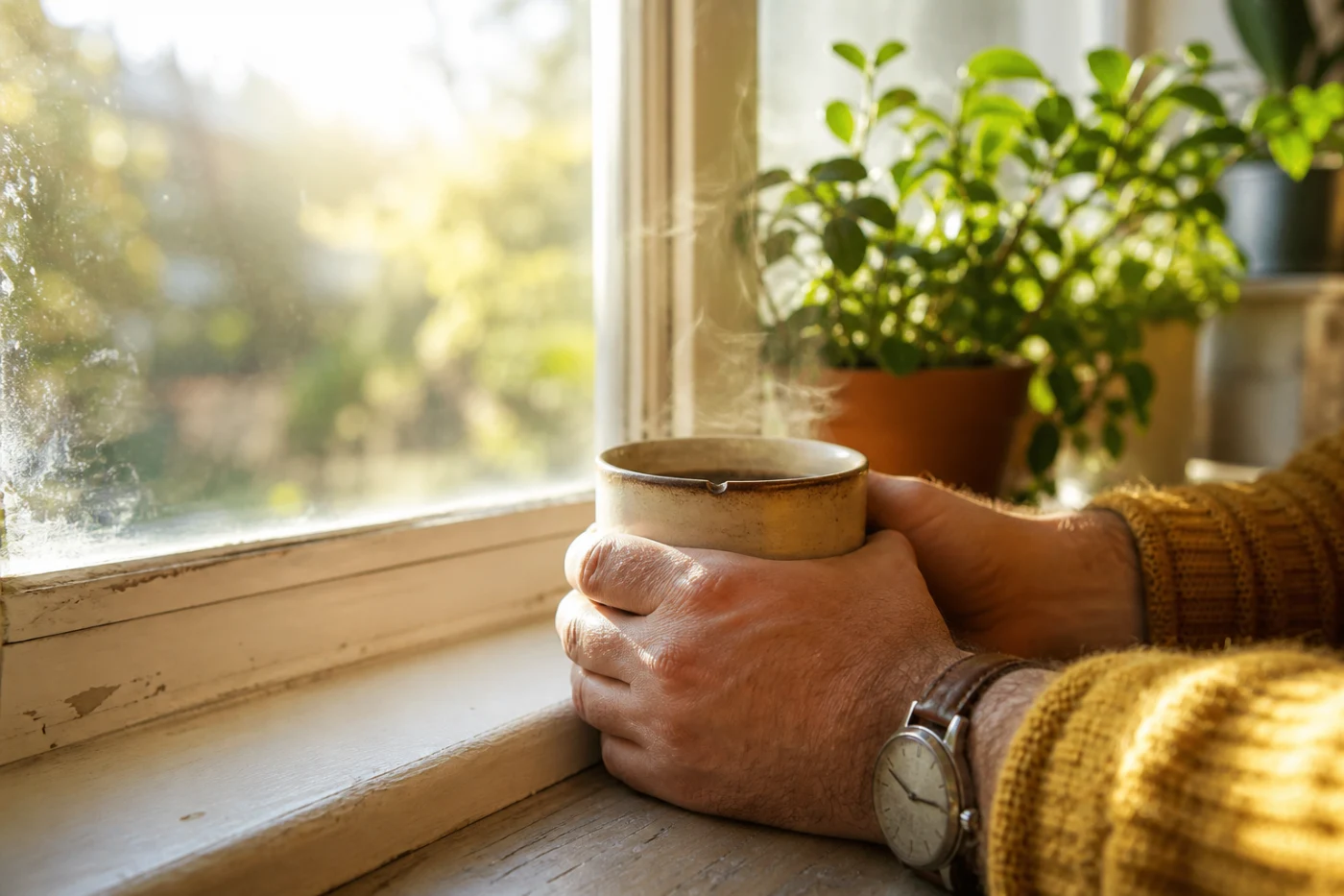 A founder at a big studio window with a coffee, looking out and thinking in bright morning light.