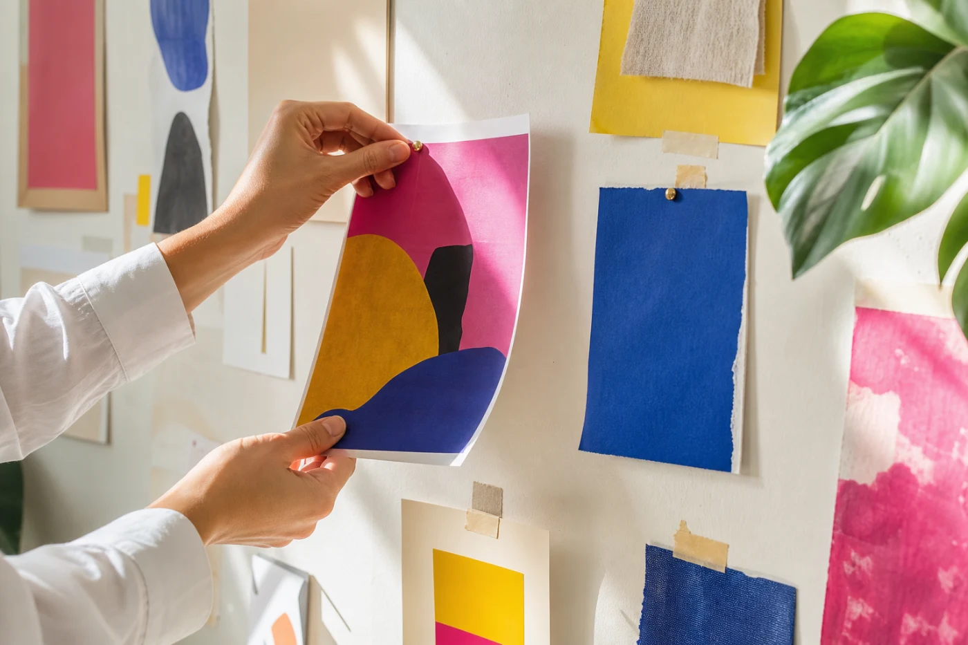A marketer holding a printed sheet up to the light at a studio table before a meeting.