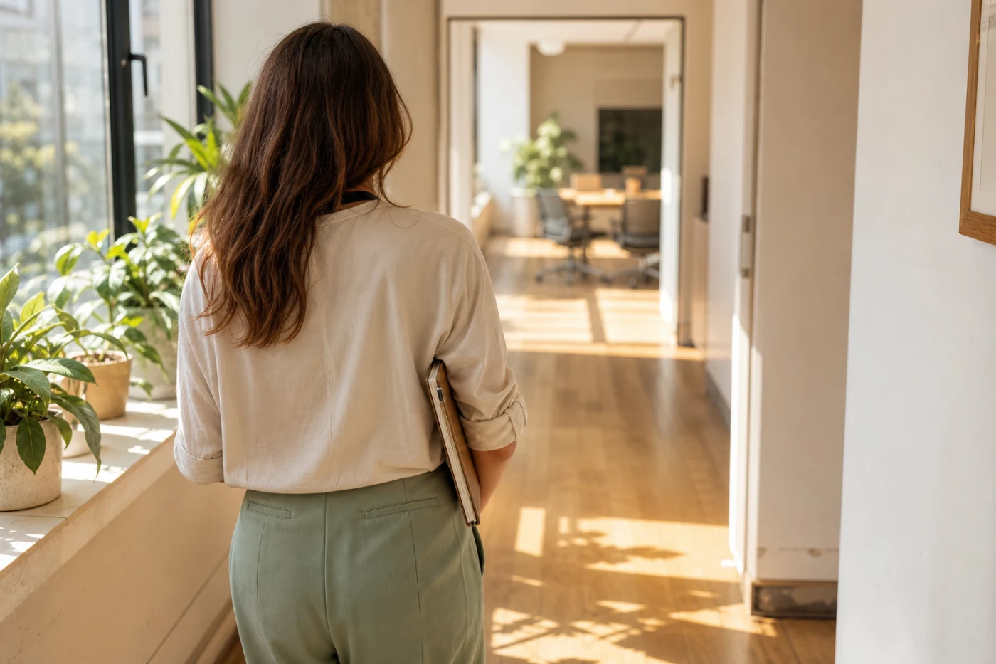 A support lead walking a sunlit corridor toward a meeting room, notebook held against her chest.