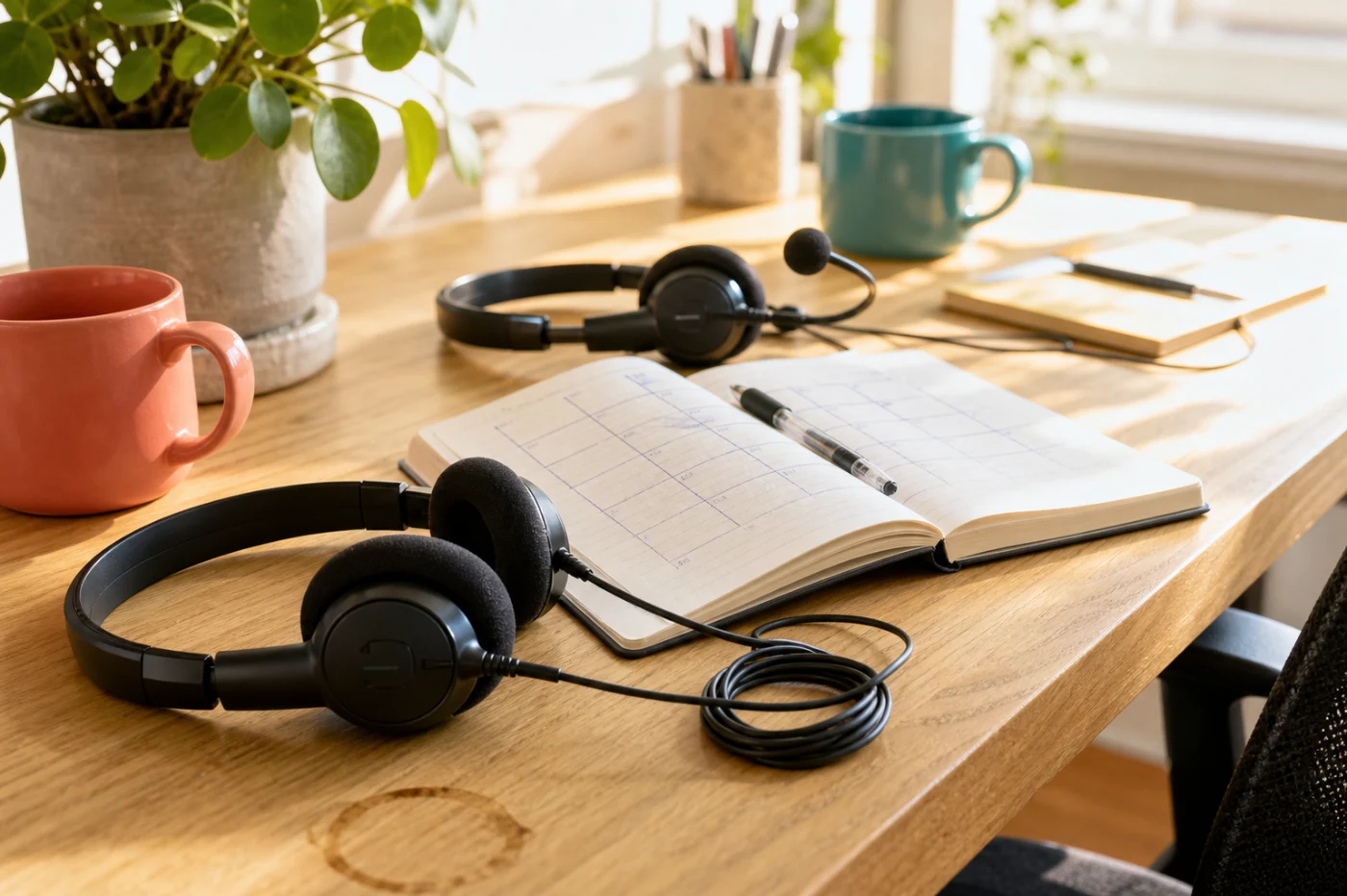 Two headsets side by side on a sunlit shared desk with a notebook, colourful mugs and a small plant.