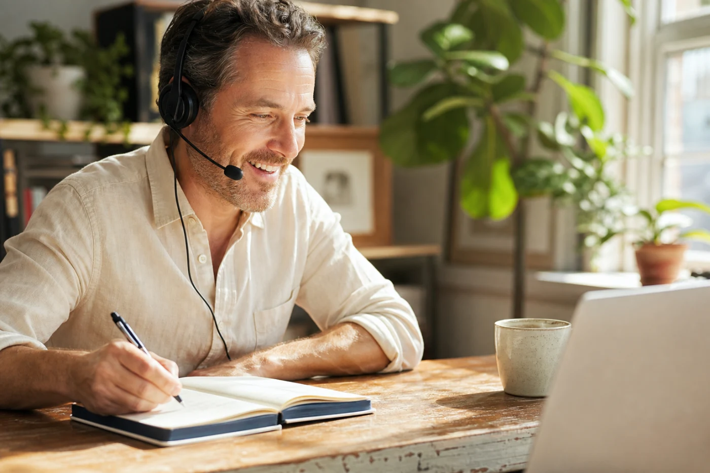 A man on a headset mid-call, leaning forward and listening, with several lines already written in the notebook in front of him.