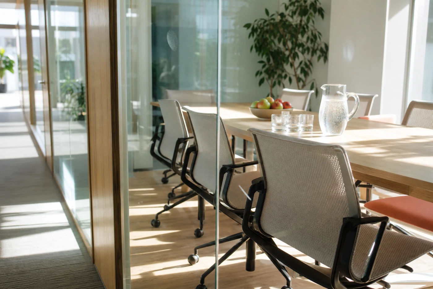 An empty glass-walled meeting room seen from the corridor, set up and waiting, corridor reflections overlaying the room.
