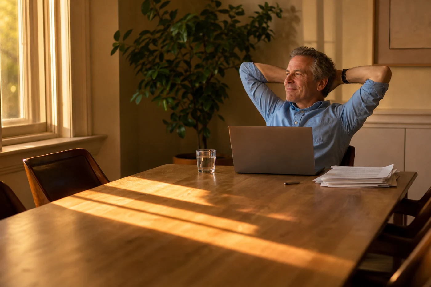 A man alone at the end of a long meeting table late in the day, reading a screen with the flat expression of someone weighing a number.